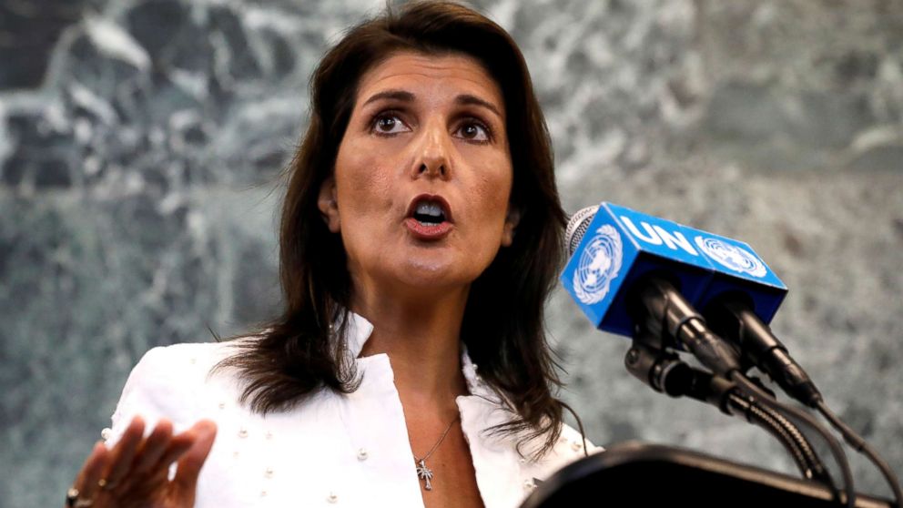 PHOTO: U.S. Ambassador to the United Nations Nikki Haley speaks at a press briefing at U.N. headquarters in New York, July 20, 2018.