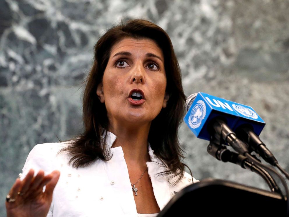 PHOTO: U.S. Ambassador to the United Nations Nikki Haley speaks at a press briefing at U.N. headquarters in New York, July 20, 2018.