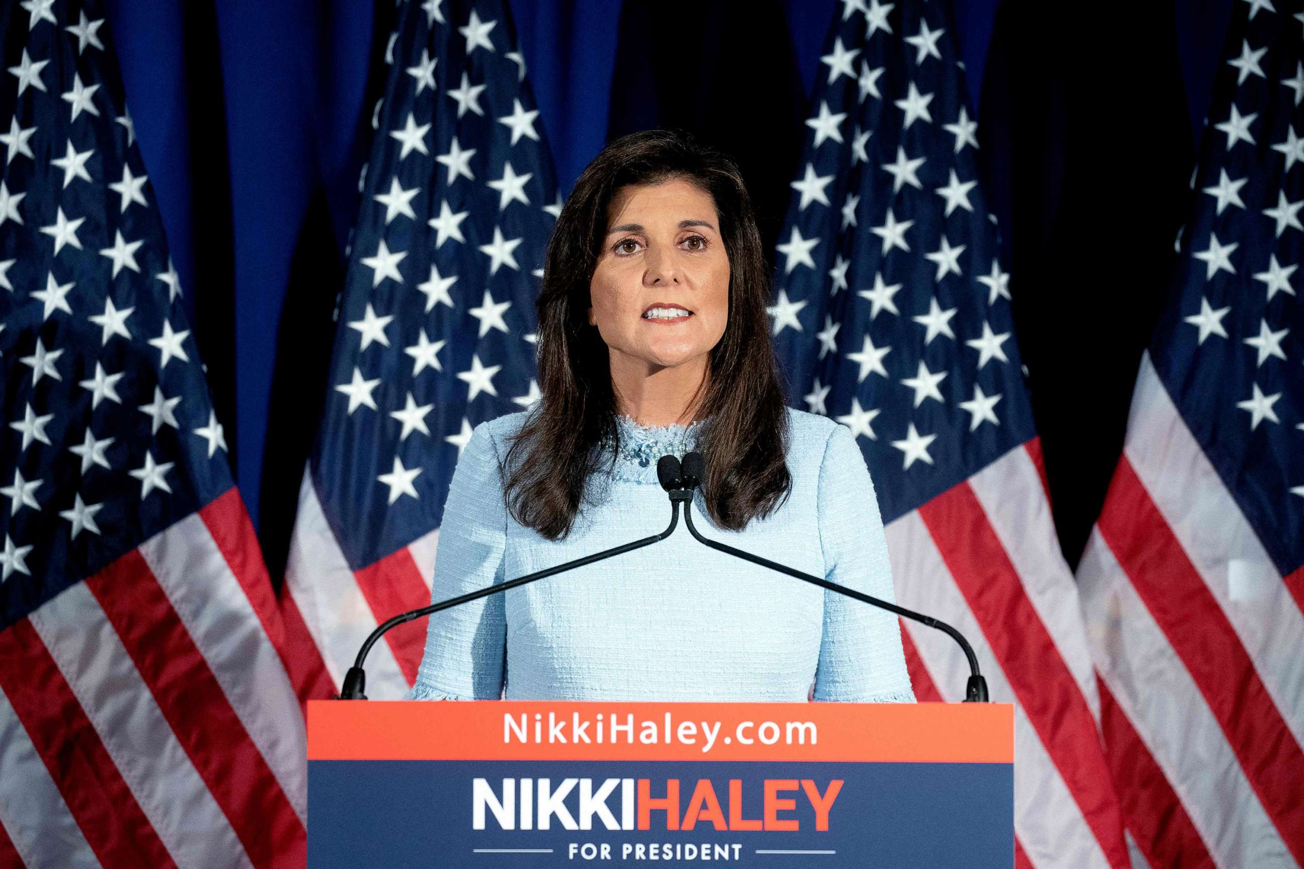 PHOTO: U.S. 2024 Republican Presidential hopeful Nikki Haley speaks on abortion at the Susan B. Anthony Pro-Life America's offices, April 25, 2023, in Arlington, Va.