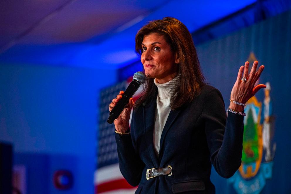 PHOTO: Republican presidential hopeful and former UN Ambassador Nikki Haley speaks during a campaign rally in Portland, Maine, Mar. 3, 2024. 