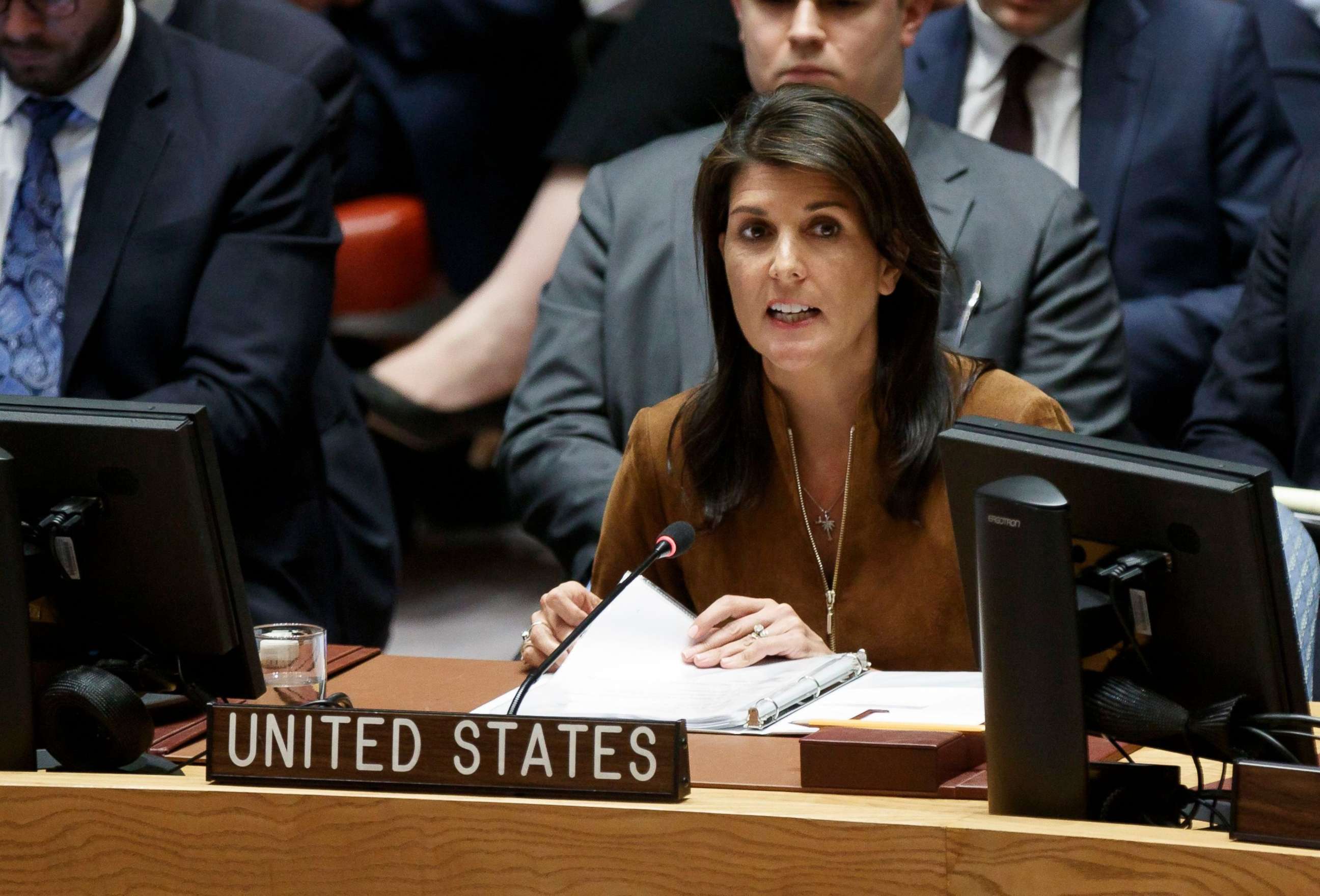 PHOTO: Nikki Haley addresses an emergency United Nations Security Council meeting in response to a suspected chemical weapons attack in Syria at United Nations headquarters in New York, April 9, 2018.
