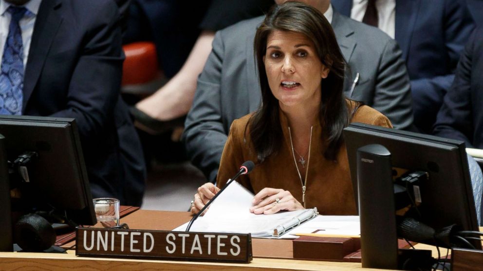 PHOTO: Nikki Haley addresses an emergency United Nations Security Council meeting in response to a suspected chemical weapons attack in Syria at United Nations headquarters in New York, April 9, 2018.