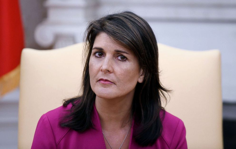 PHOTO: Nikki Haley, the United States Ambassador to the United Nations during a meeting with US President Donald Trump speaks in the Oval office of the White House, Oct. 9, 2018, in Washington, D.C. 