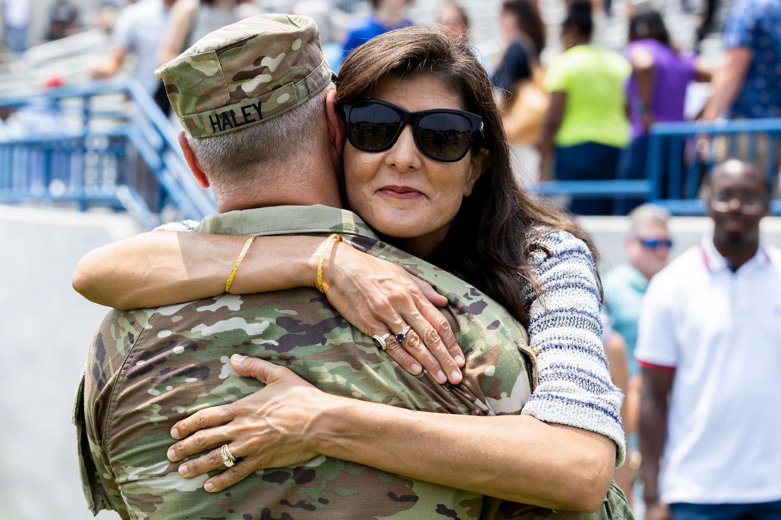 PHOTO:Republican presidential candidate Nikki Haley hugs her husband Maj. Michael Haley following a deployment ceremony for his unit of the South Carolina National Guard unit on June 17, 2023, in Charleston, S.C.