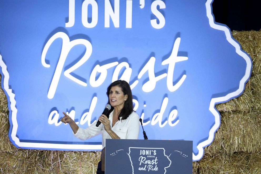 PHOTO: Republican presidential candidate former UN Ambassador Nikki Haley speaks to guests during the Joni Ernst's Roast and Ride event, June 03, 2023 in Des Moines, Iowa.