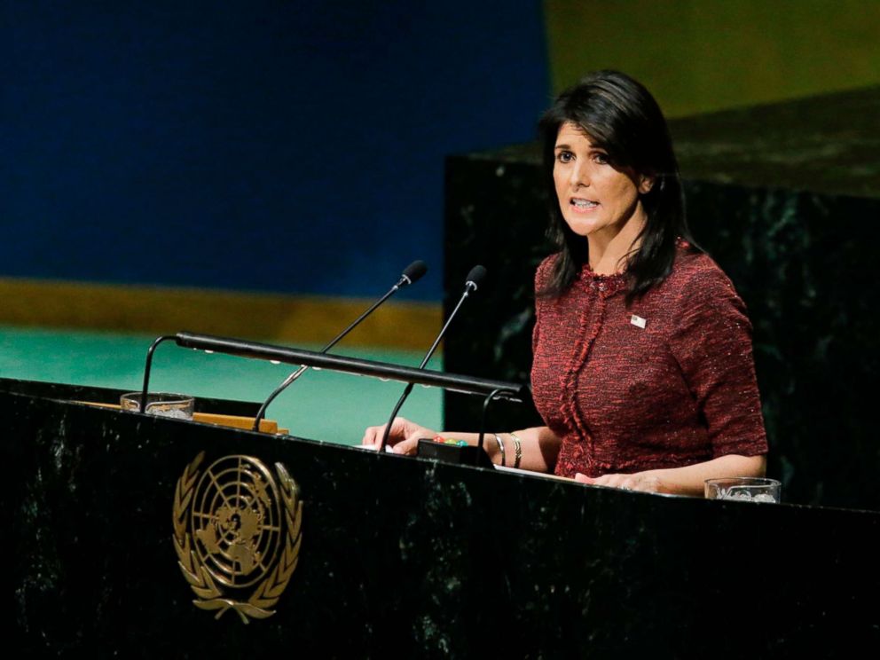 PHOTO: U.S. Ambassador to the United Nations Nikki Haley addresses the General Assembly prior to the vote on Jerusalem, Dec. 21, 2017, at U.N. Headquarters in New York.