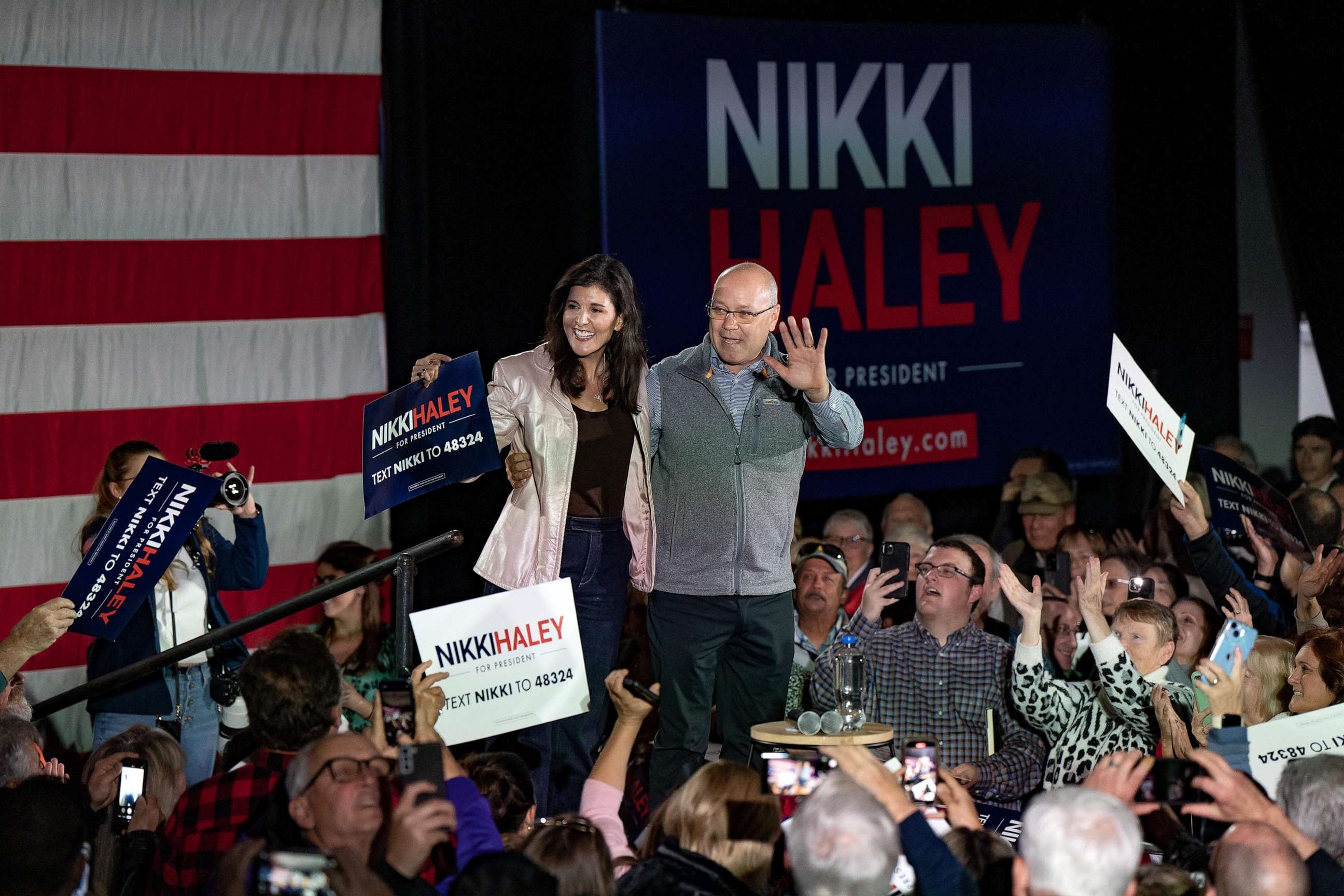 PHOTO: In this March 13, 2023, file photo, Nikki Haley, who officially announced her candidacy from the Republican Party in the 2024 presidential elections, waves with her husband Michael Haley after a campaign event in South Carolina.