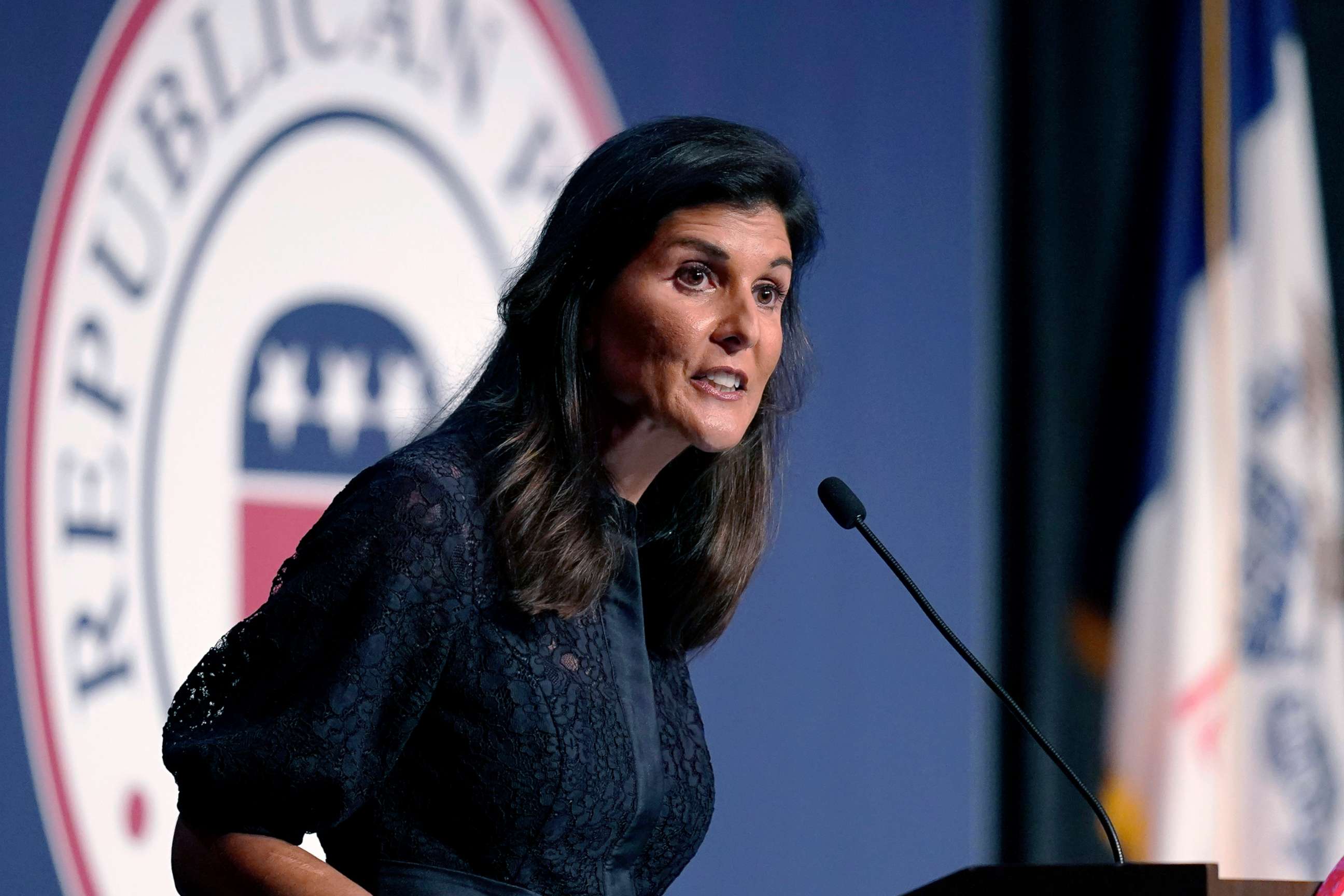 PHOTO: Former Ambassador to the United Nations Nikki Haley speaks during the Iowa Republican Party's Lincoln Dinner, June 24, 2021, in West Des Moines, Iowa.