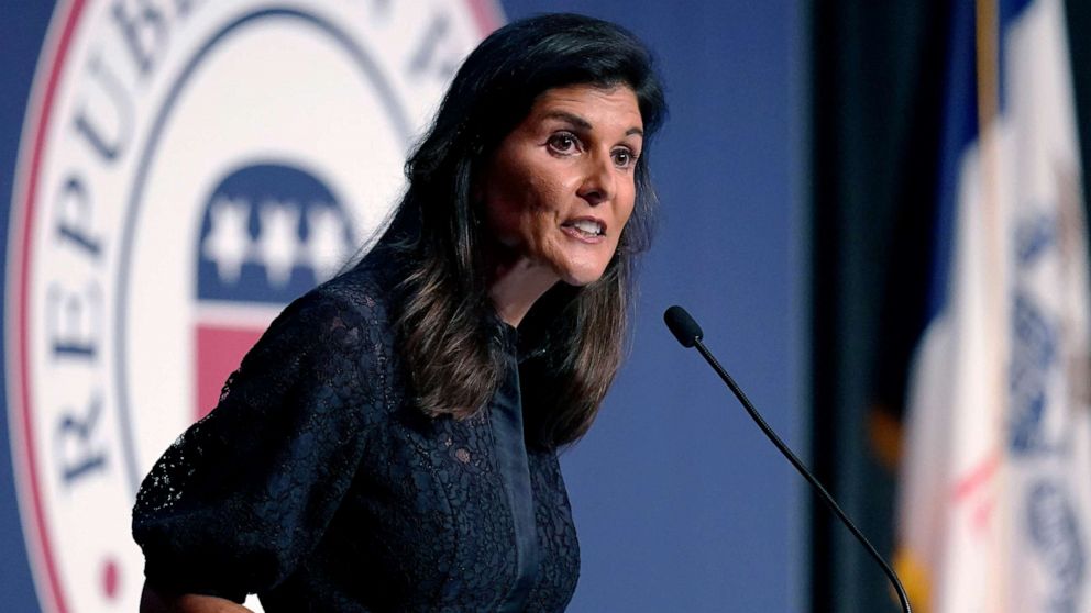 PHOTO: Former Ambassador to the United Nations Nikki Haley speaks during the Iowa Republican Party's Lincoln Dinner, June 24, 2021, in West Des Moines, Iowa.