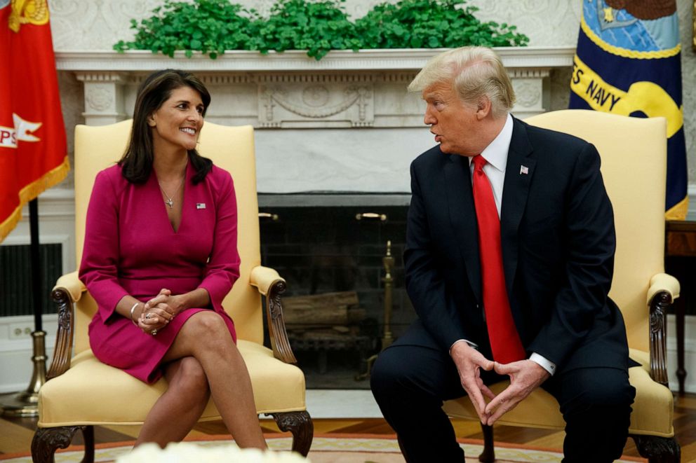 PHOTO: In this file photo, President Donald Trump meets with outgoing U.S. Ambassador to the United Nations Nikki Haley in the Oval Office of the White House on Oct. 9, 2018, in Washington.