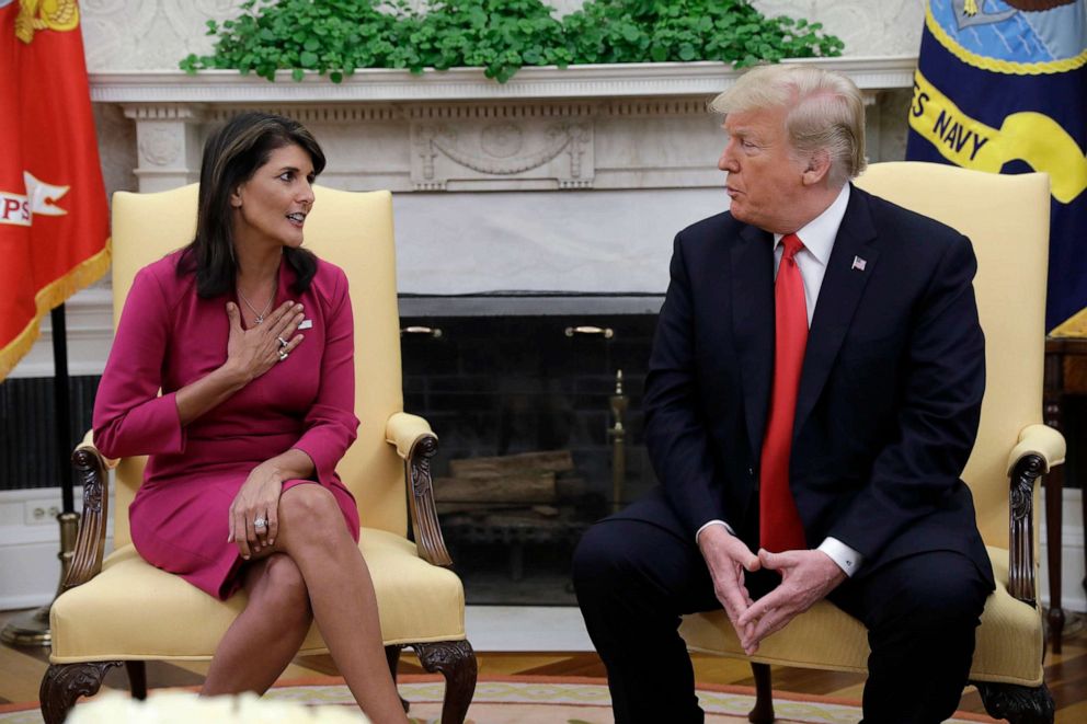 PHOTO: President Donald Trump meets with outgoing U.S. Ambassador to the United Nations Nikki Haley in the Oval Office of the White House, Oct. 9, 2018, in Washington D.C.