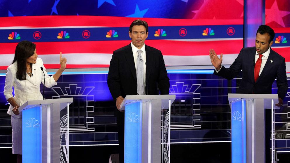 PHOTO: Florida Governor Ron DeSantis looks on as former South Carolina Governor Nikki Haley and executive Vivek Ramaswamy argue at the third Republican candidates' U.S. presidential debate in Miami, Fla., on Nov. 8, 2023.