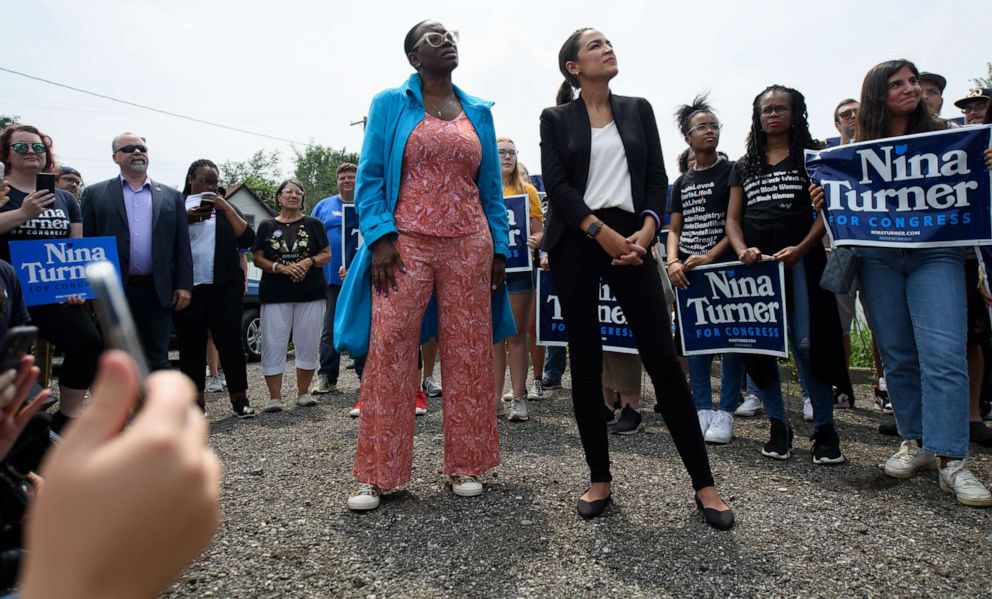 Rep. Alexandra Ocasio-Cortez, D-N.Y., campaigns with Ohio congressional candidate Nina Turner on July 24, 2021 in Cleveland.