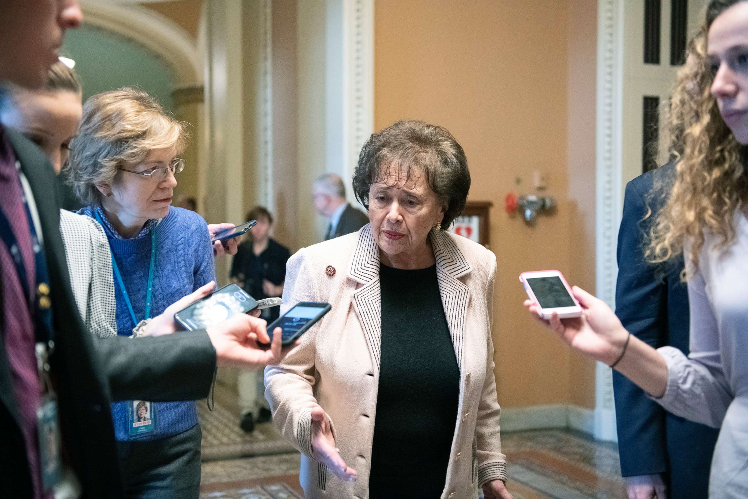 PHOTO: Rep. Nita Lowey answers reporter's questions as she departs the Senate Chamber at the US Capitol in Washington, DC, Jan. 24, 2019.