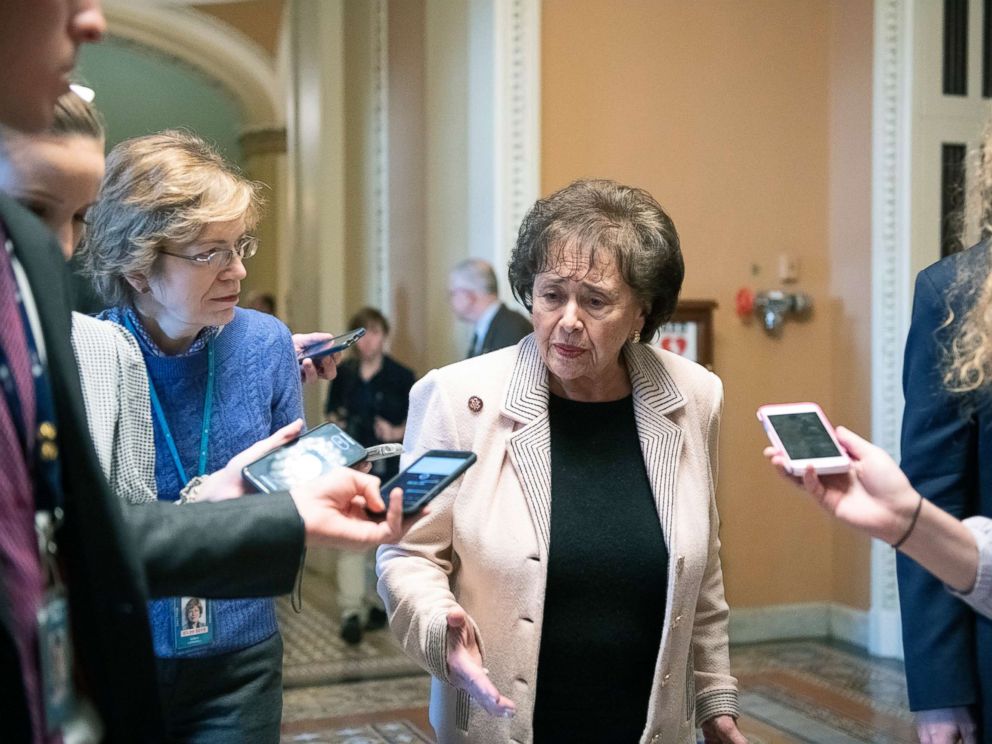 PHOTO: Rep. Nita Lowey answers reporters questions as she departs the Senate Chamber at the US Capitol in Washington, DC, Jan. 24, 2019.