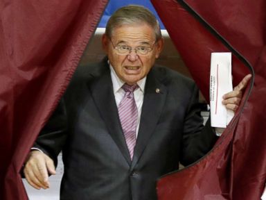 PHOTO: U.S. Sen. Bob Menendez exits a polling booth after casting his vote in the New Jersey primary election, June 5, 2018, at the Harrison Community Center in Harrison, N.J.