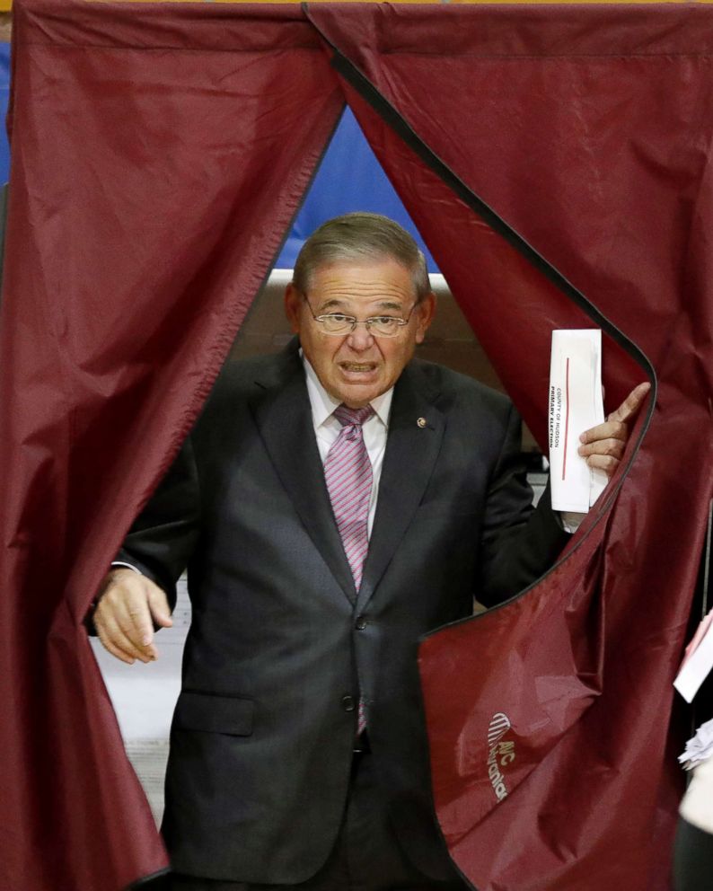 PHOTO: U.S. Sen. Bob Menendez exits a polling booth after casting his vote in the New Jersey primary election, June 5, 2018, at the Harrison Community Center in Harrison, N.J. 