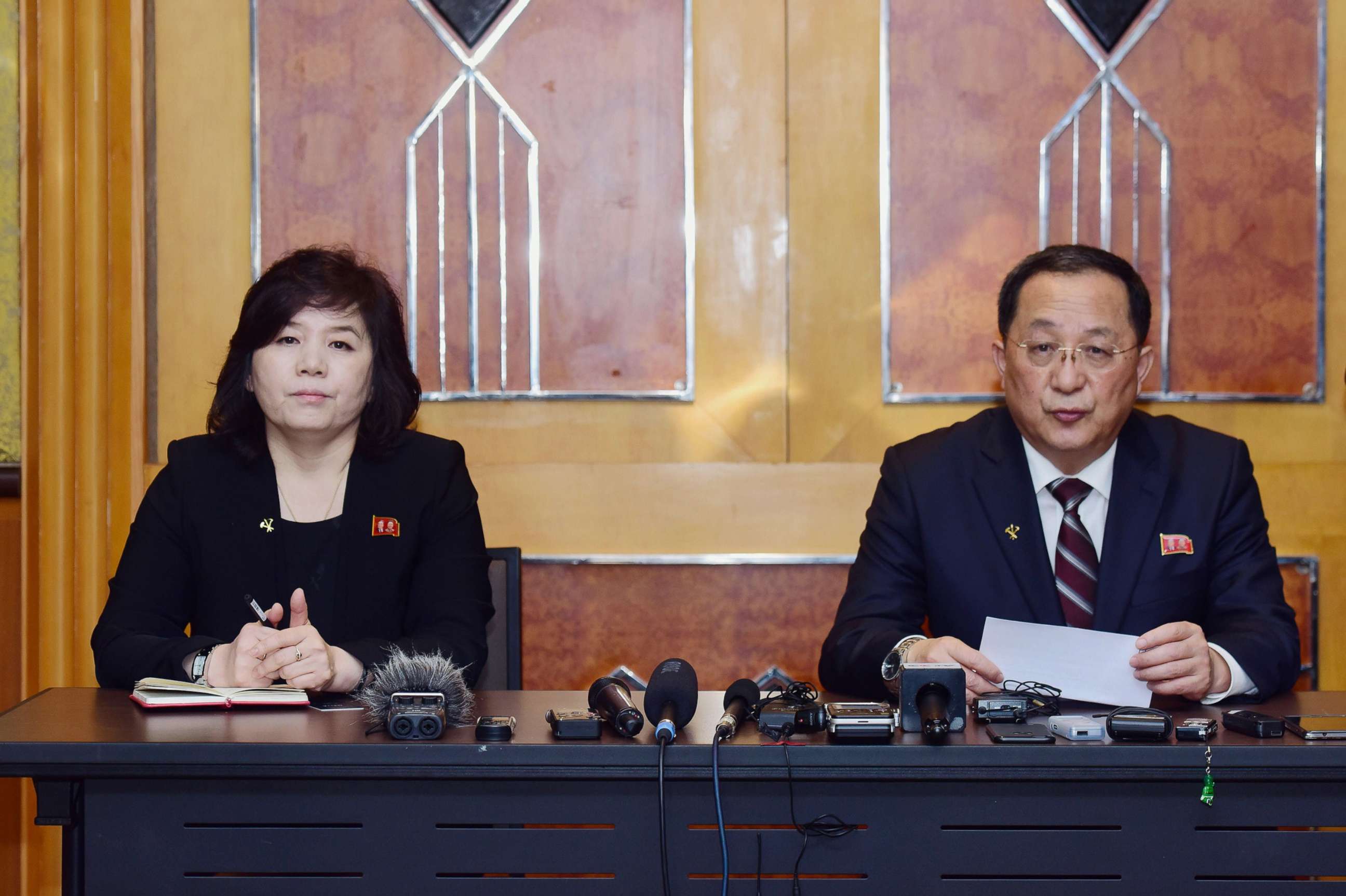 PHOTO: North Korean Foreign Minister Ri Yong Ho, right, speaks as Vice-Minister of Foreign Affairs Choe Son Hui listens during a press conference in Hanoi, March 1, 2019, following the US-North Korea summit which ended abruptly.