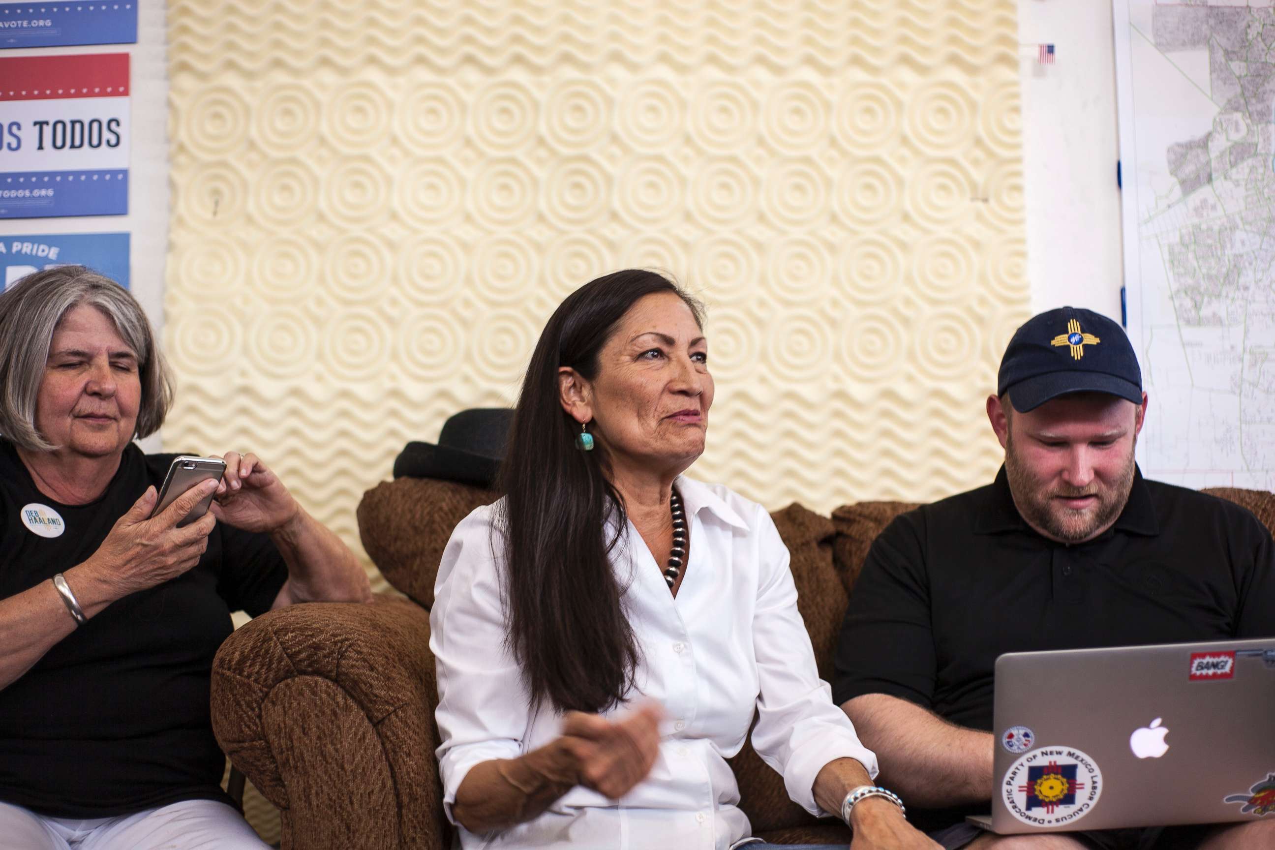 PHOTO: Deb Haaland, center, speaks with campaign organizers at the Haaland headquarters in Albuquerque, New Mexico, June 5, 2018. Haaland, a tribal member of Laguna Pueblo, is aiming to become the first Native American woman in Congress. 