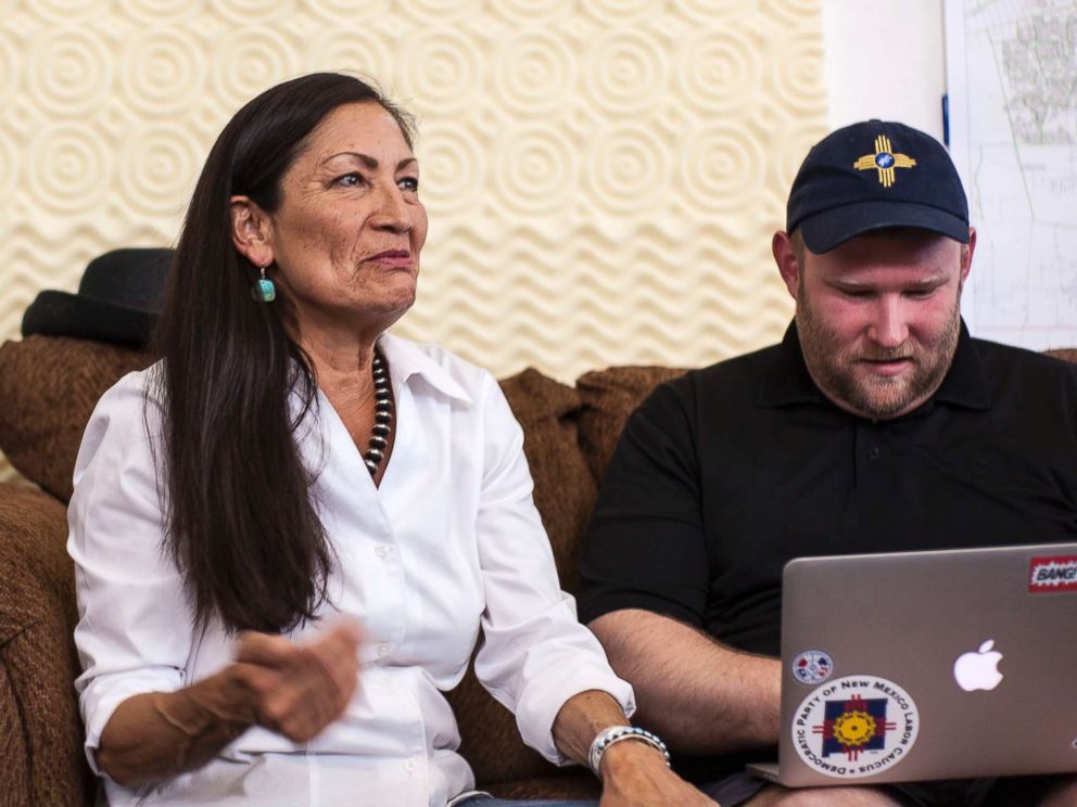 PHOTO: Deb Haaland, center, speaks with campaign organizers at the Haaland headquarters in Albuquerque, New Mexico, June 5, 2018. Haaland, a tribal member of Laguna Pueblo, is aiming to become the first Native American woman in Congress.