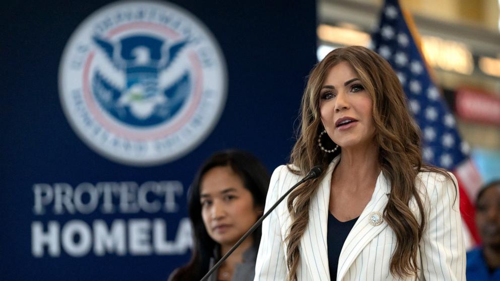PHOTO: Homeland Security Secretary Kristi Noem speaks during a news conference where she announced that most airline passengers will no longer have to remove their shoes at security checkpoints, July 8, 2025, at Reagan National Airport in Washington, D.C.