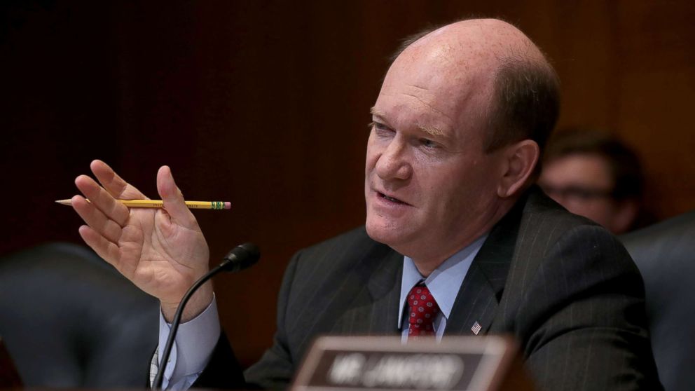  Senator Chris Coons, ranking member of the Senate Appropriations Committee's Financial Services and General Government Subcommittee during a hearing, May 22, 2018 in Washington, DC. 