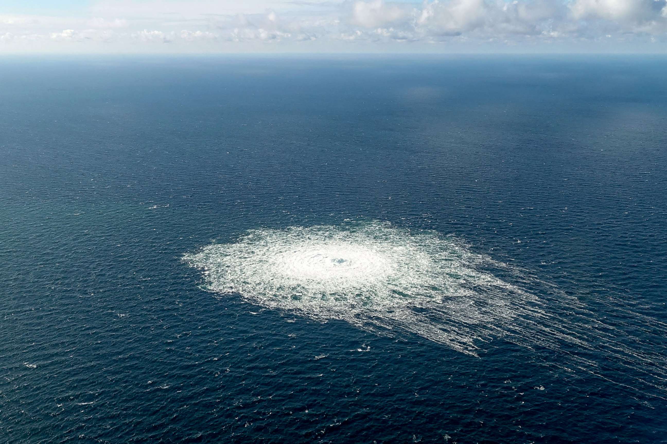 PHOTO: Gas leak at the Nord Stream 2 gas pipeline as it is seen from the Danish Defence's F-16 rejection response off the Danish Baltic island of Bornholm, south of Dueodde.