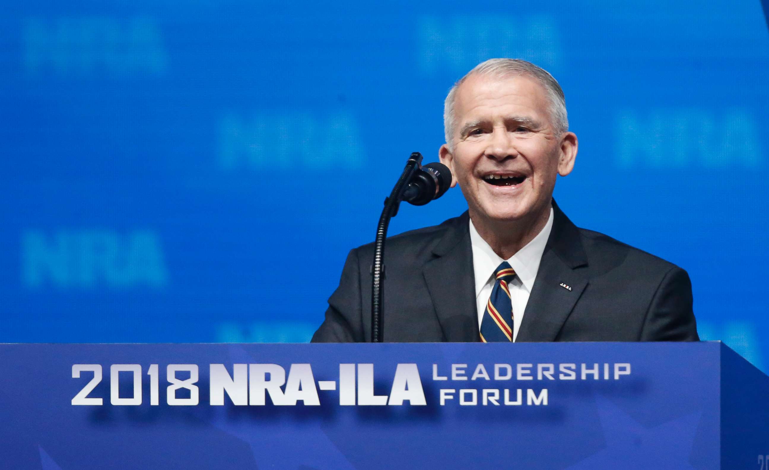 PHOTO: Former U.S. Marine Lt. Col. Oliver North speaks before giving the Invocation at the National Rifle Association-Institute for Legislative Action Leadership Forum in Dallas, May 4, 2018. 