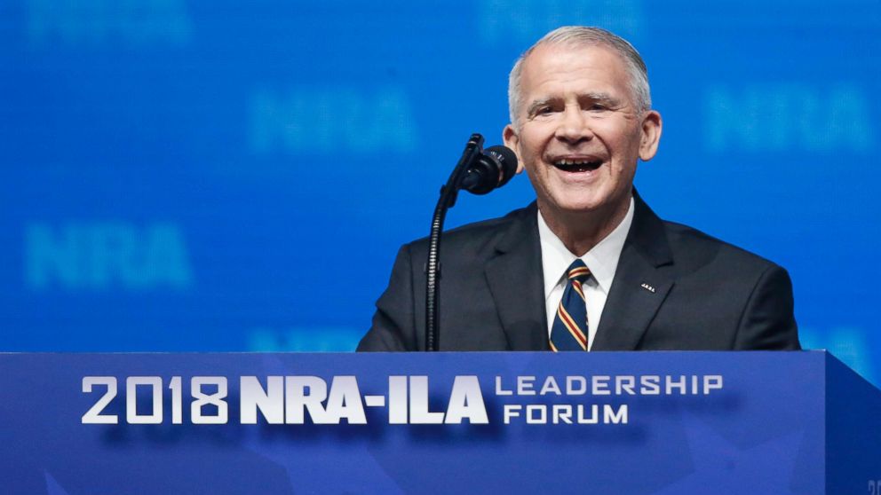 PHOTO: Former U.S. Marine Lt. Col. Oliver North speaks before giving the Invocation at the National Rifle Association-Institute for Legislative Action Leadership Forum in Dallas, May 4, 2018. 