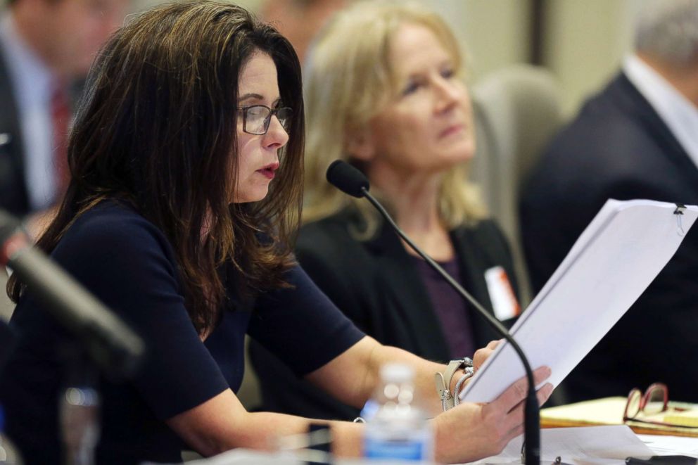 PHOTO: Executive director of the Board of Elections Kim Strach questions the first witness during the public evidentiary hearing on the 9th Congressional District investigation, Feb. 18, 2019, at the North Carolina State Bar in Raleigh.