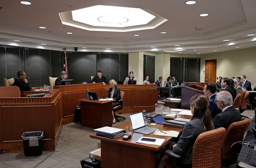 PHOTO: The honorable Alma Hinton, from left, the honorable Paul C. Ridgeway and the honorable Joseph N. Crosswhite of the Wake County Superior Court preside over the trial of Common Cause, et al v. Lewis, et al in Raleigh, N.C., July 15, 2019.