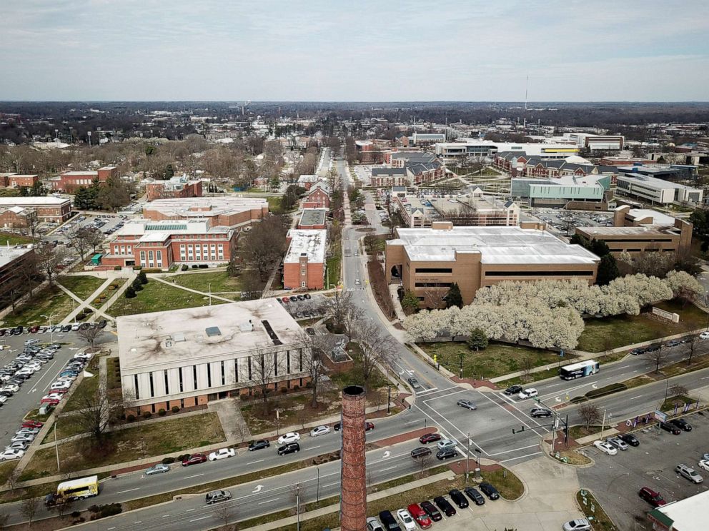 PHOTO: An aerial view of the part of North Carolina A&T University that is divided by the boundary line between Congressional Districts 6 and 13 in Greensboro, N.C., March 13, 2019.