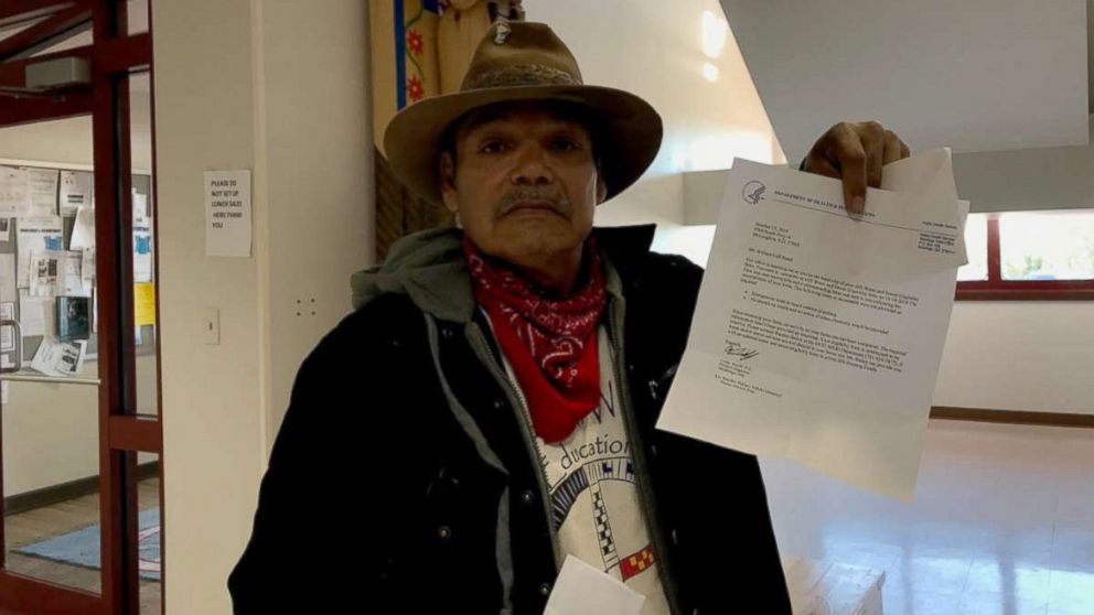 PHOTO: Bill Left Hand, 56, holds up a letter from the U.S. Department of Health and Human Services at the Standing Rock Indian Reservation tribal headquarters in Fort Yates, N.D.