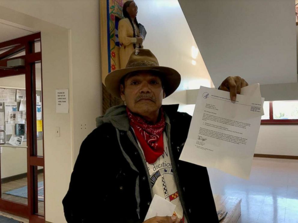 PHOTO: Bill Left Hand, 56, holds up a letter from the U.S. Department of Health and Human Services at the Standing Rock Indian Reservation tribal headquarters in Fort Yates, N.D.