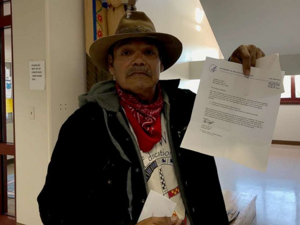 PHOTO: Bill Left Hand, 56, holds up a letter from the U.S. Department of Health and Human Services at the Standing Rock Indian Reservation tribal headquarters in Fort Yates, N.D.