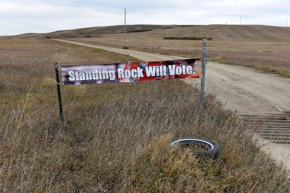 PHOTO: A banner encouraging tribal members to vote in the 2018 mid-term elections, is seen on the Standing Rock Reservation near Fort Yates, North Dakota, Oct. 26, 2018.