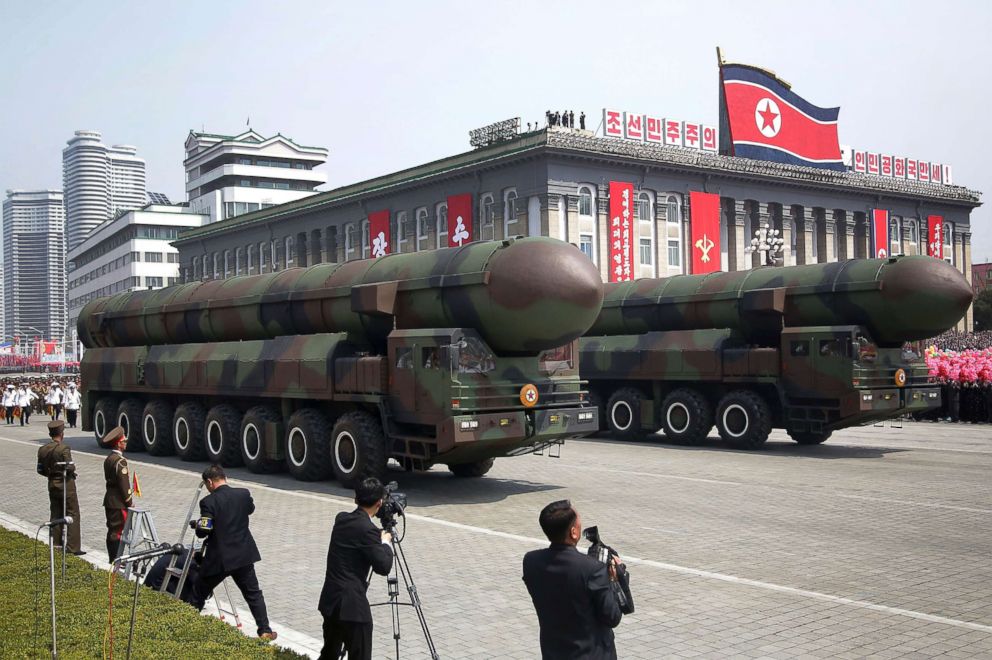 PHOTO: Missiles are paraded across Kim Il Sung Square during a military parade, April 15, 2017, in Pyongyang, North Korea to celebrate the 105th birth anniversary of Kim Il Sung, the country's late founder and grandfather of current ruler Kim Jong Un.