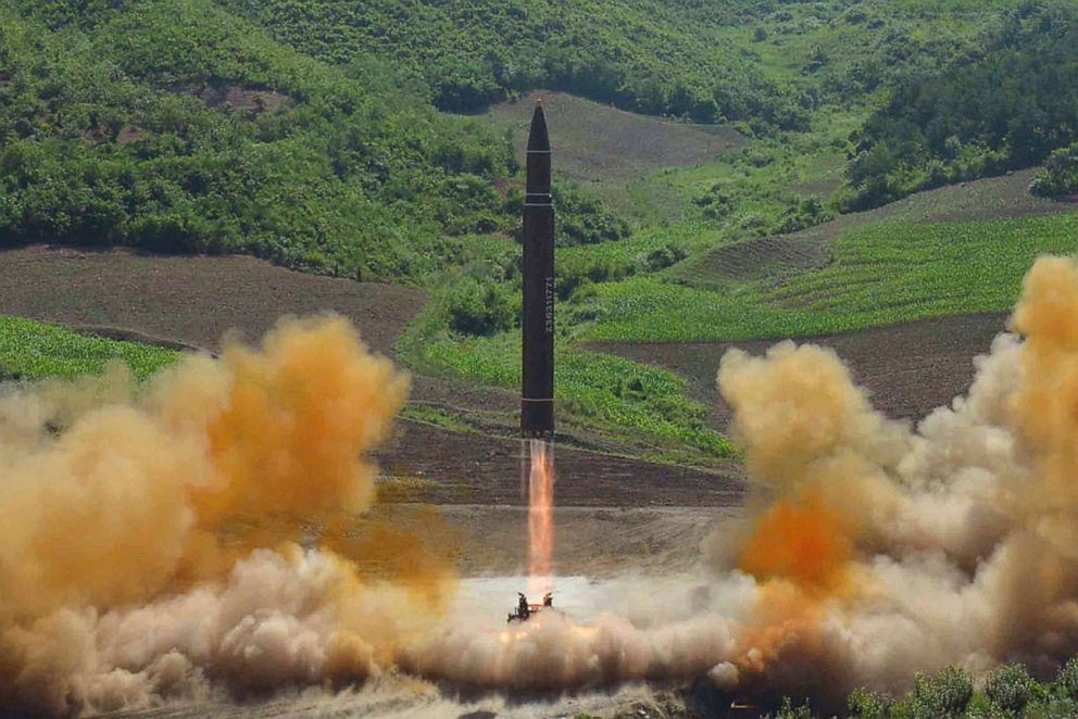 PHOTO: A Hwasong-14 intercontinental ballistic missile is launched in North Korea, July 4, 2017.