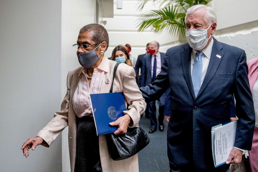 PHOTO: Delegate Eleanor Holmes Norton, D-D.C., left, and House Majority Leader Steny Hoyer of Md., right, arrive for a news conference on District of Columbia statehood on Capitol Hill, June 16, 2020.