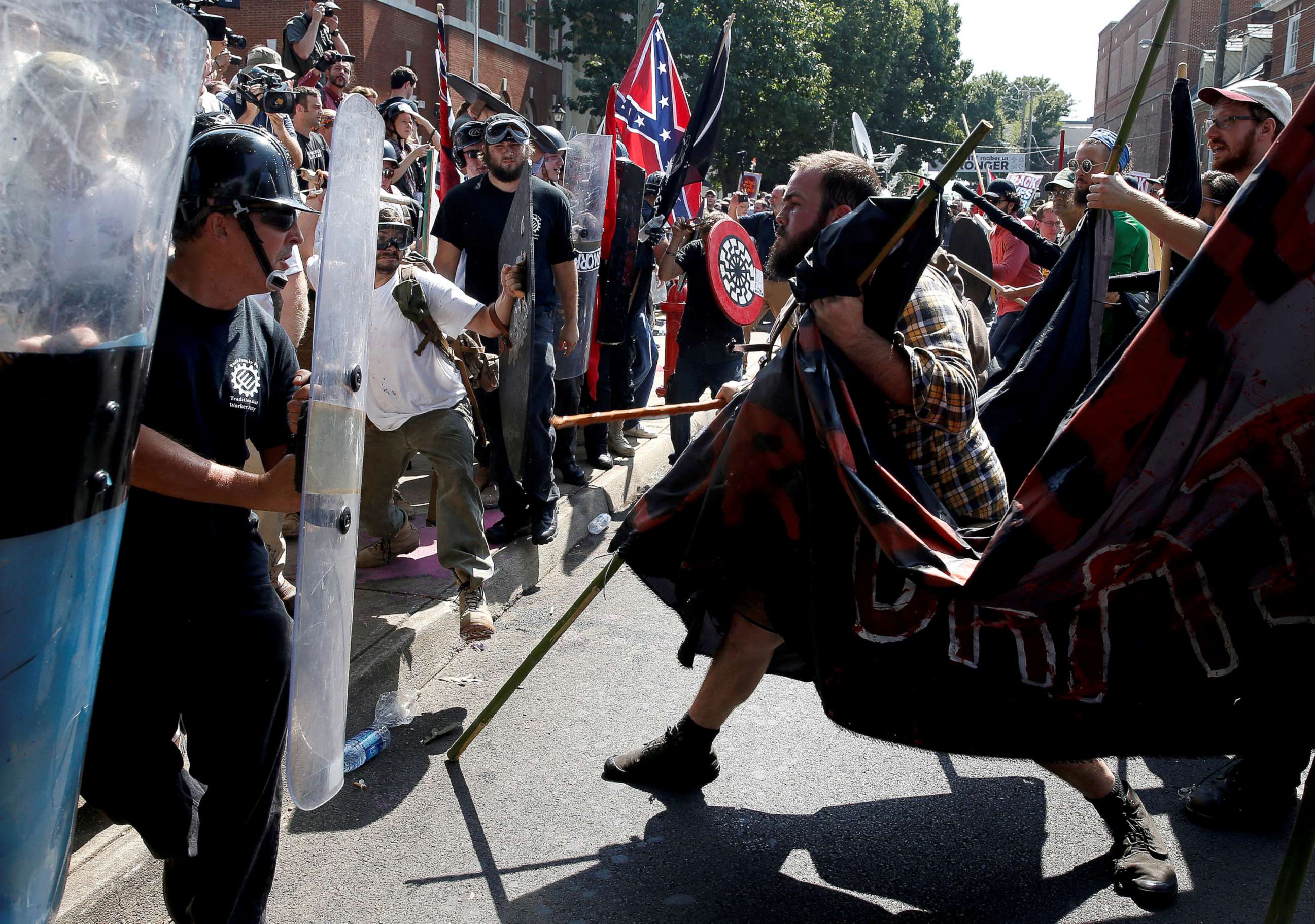 PHOTO: White nationalists clash with counter protesters at a rally in Charlottesville, Virginia, Aug. 12, 2017.