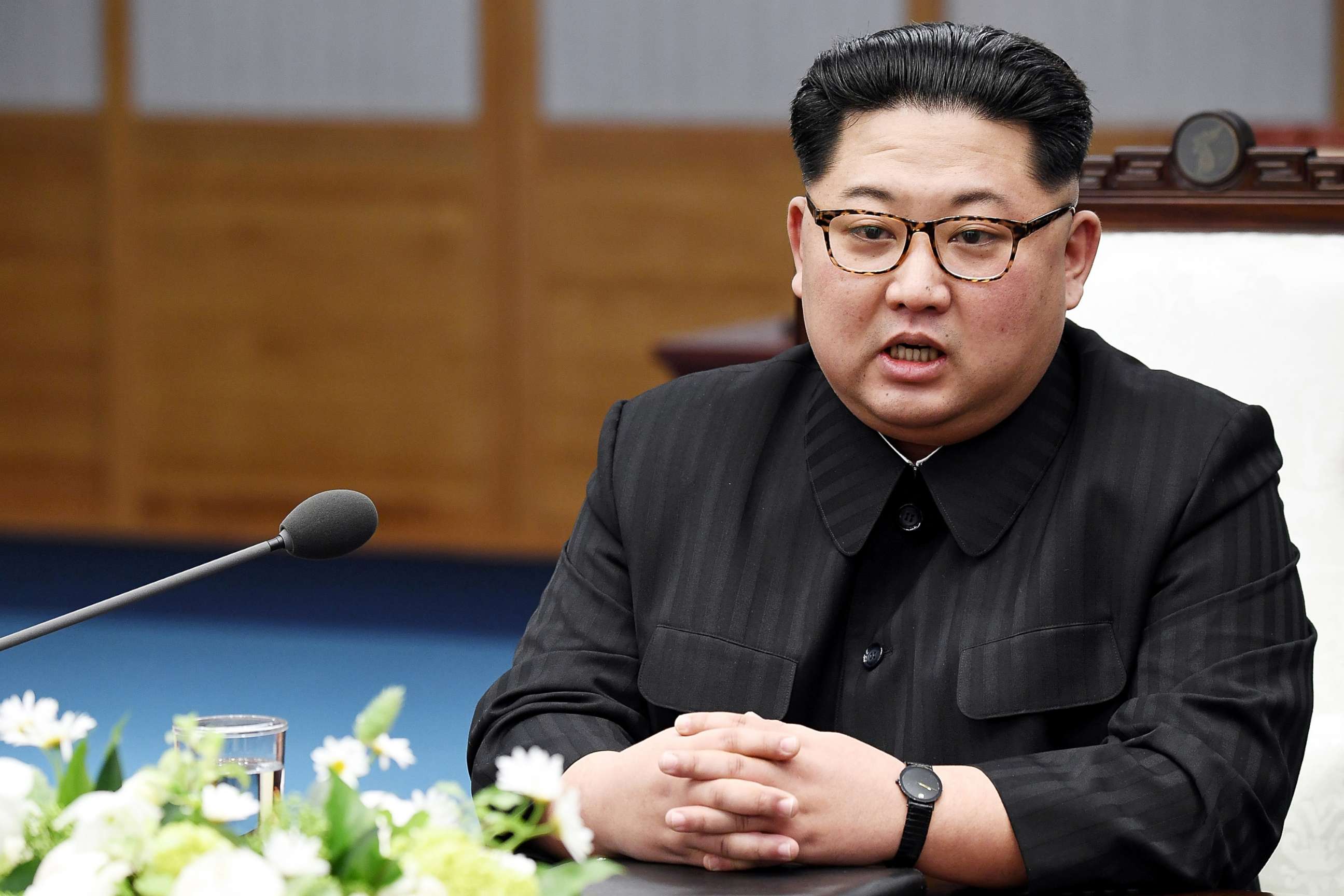 PHOTO: North Koraen Leader Kim Jong Un speaks during the Inter-Korean Summit at the Peace House on April 27, 2018 in Panmunjom, South Korea.