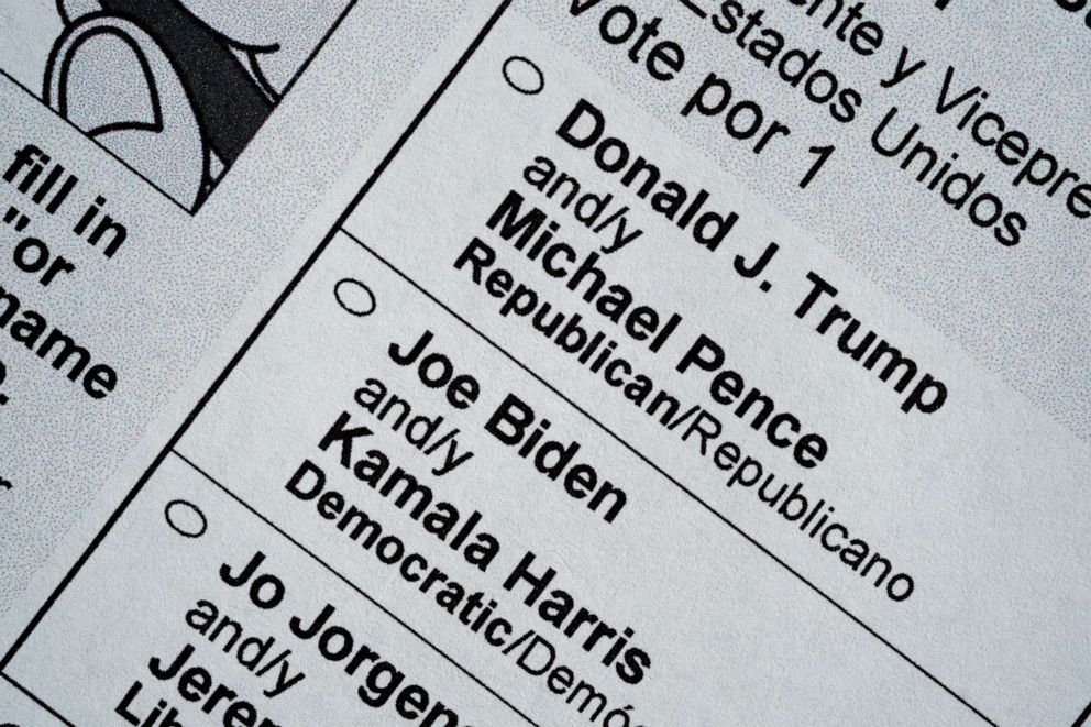 PHOTO: President Donald Trump and  Democratic presidential candidate Joe Biden, are among the choices on a U.S. presidential election mail-in ballot, Sept. 21, 2020.