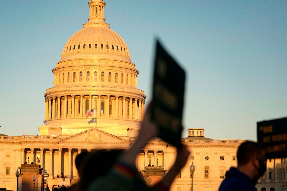 PHOTO:A small group of demonstrators protests outside the US Capitol on the early morning of Sept. 21, 2020 in Washington.