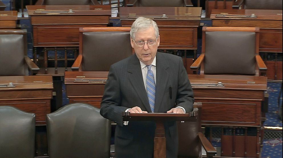 PHOTO: Senate Majority Leader Mitch McConnell speaks on the Senate floor at the U.S. Capitol in this image from video, March 18, 2020.