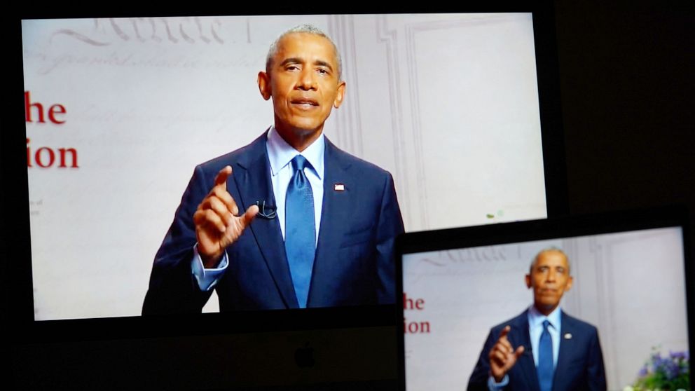 PHOTO: Images of former President Barack Obama speaking in a video feed of the 2020 Democratic National Convention are displayed on screens in Arlington, Va., Aug. 19, 2020.