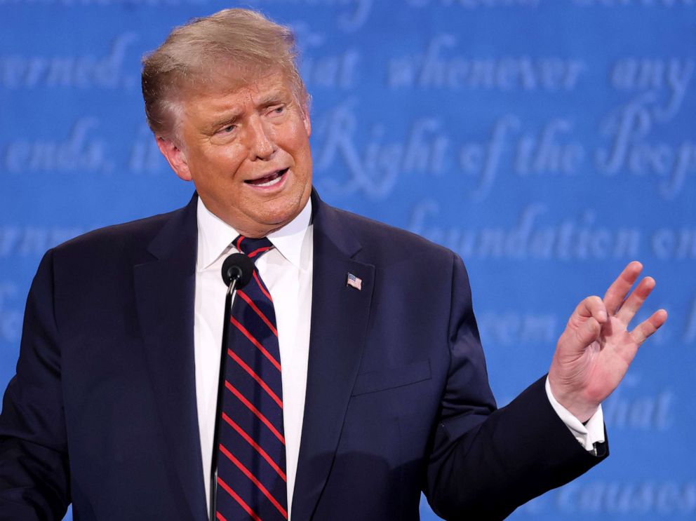 PHOTO: President Donald Trump participates in the first presidential debate against Democratic presidential nominee Joe Biden at the Health Education Campus of Case Western Reserve University on September 29, 2020 in Cleveland, Ohio.
