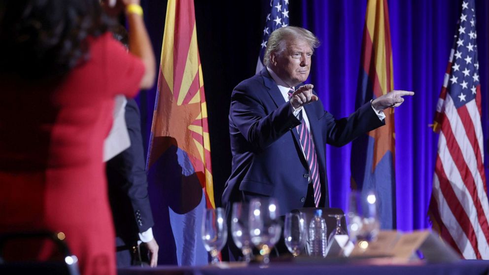 PHOTO: President Donald Trump gestures during a campaign event at the Arizona Grand Resort and Spa in Phoenix, Ariz., Sept. 14, 2020.