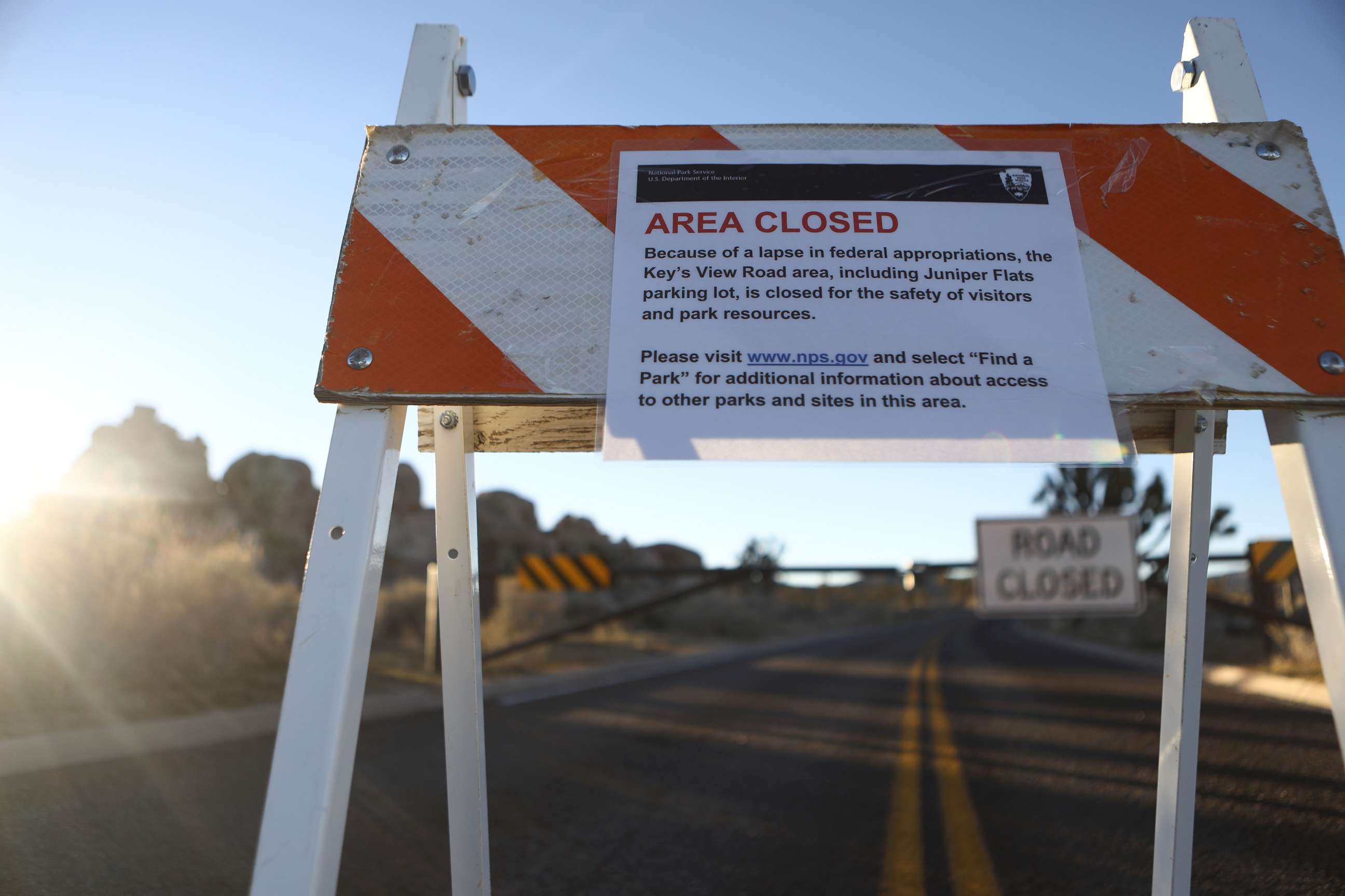 PHOTO: An 'Area Closed' sign is posted in front of a closed section of road at Joshua Tree National Park, Jan. 4, 2019, in Joshua Tree National Park, Calif. 