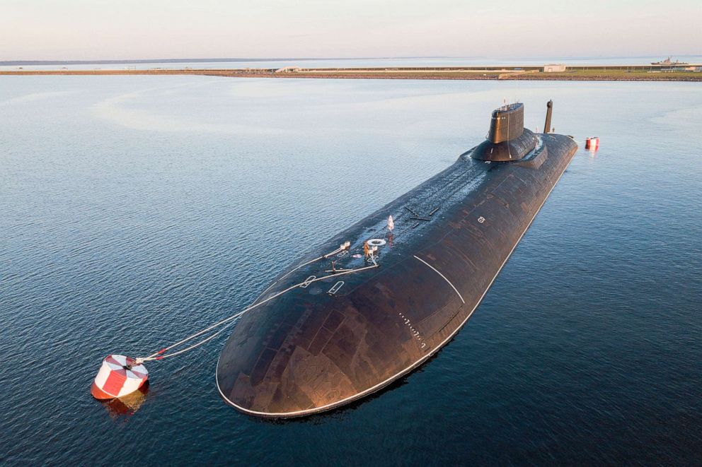 PHOTO: In this on July 29, 2017 file photo, the Russian nuclear submarine Dmitry Donskoy is moored near Kronstadt, a seaport town located west of St. Petersburg, Russia.