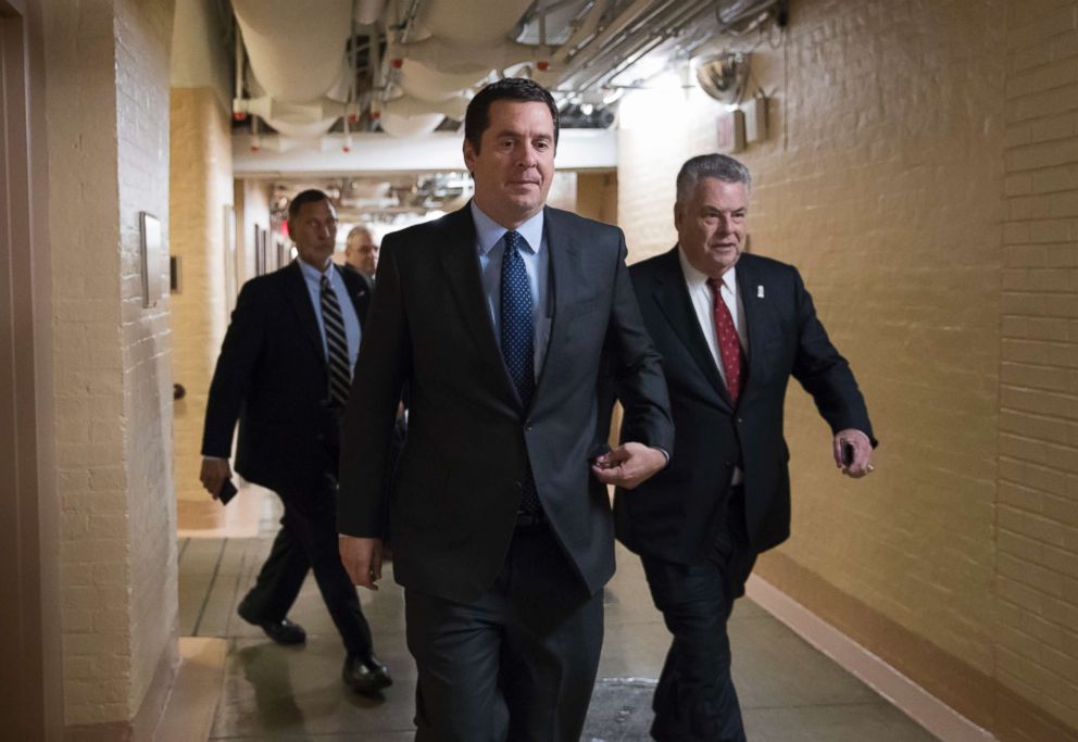 PHOTO: House Intelligence Committee Chairman Devin Nunes, R-Calif., strides to a GOP conference joined at right by Rep. Peter King, R-N.Y., also a member of the Intelligence Committee, at the Capitol, Feb. 6, 2018. 